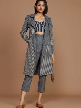 Striped Grey Longline Trench Coat — Women’s Tailored Trench